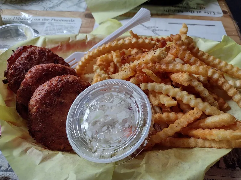 Crab Cakes with Fries and Coleslaw